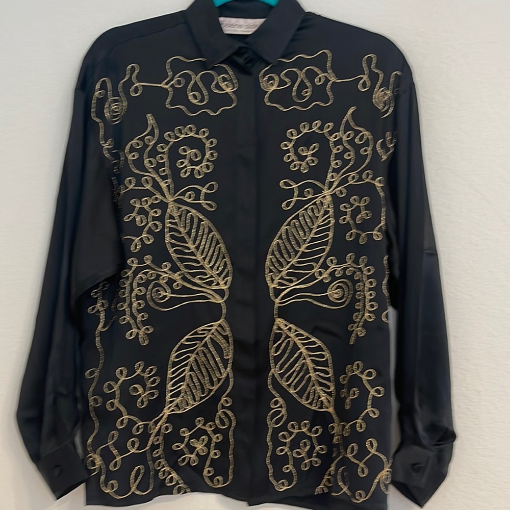Helene Sidel silk VTG black with gold stitch holiday blouse P L